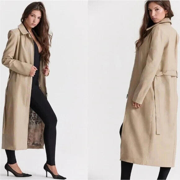 New, House Of Cb Ariel Beige Vegan Leather Trench Coat In Beige Sz L #C4430